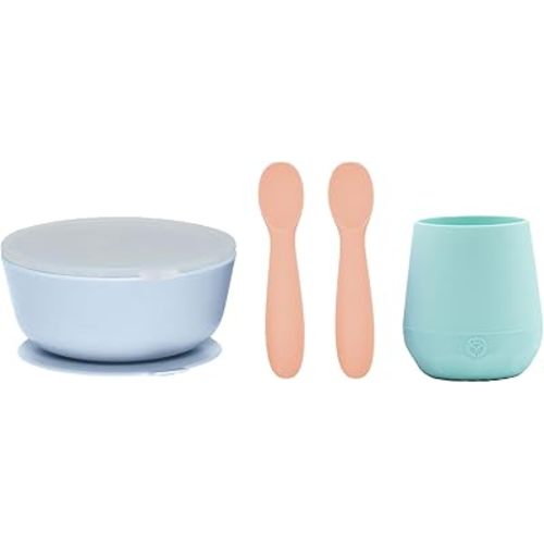 WeeSprout First Feeding Set - Silicone Baby Training Cup 2 Oz, Suction Bowl 10 Oz with Lid & 2 Baby Led Weaning Spoons - For Children 4+ Months - Non-Slip Grip - Dishwasher & Microwave Safe