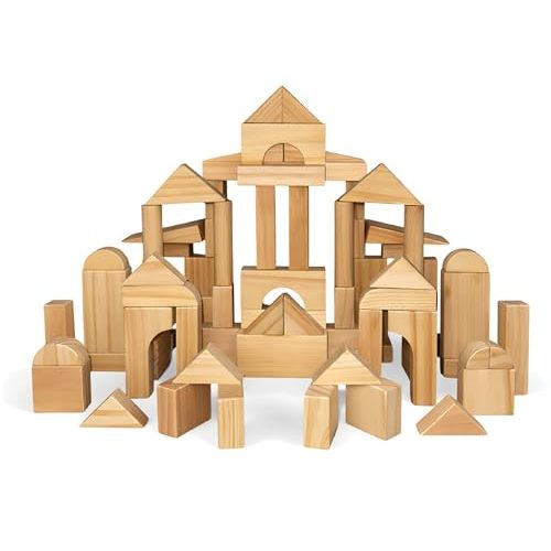 Standard Unit Building Blocks for Toddlers with Storage Tray (64 Pcs) Sanded Wood Blocks for Children, Original STEAM, and STEM Learning, Classic Wooden Toys for Kids Parties and Classrooms