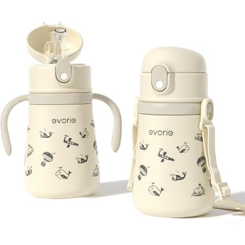 Evorie Leak Proof Vacuum Insulated Water Bottle, 316L Stainless Steel Sippy Cup for Toddlers, 11 oz Straw Cup with Handle & Adjustable Strap, Keeps Drinks Warm or Cold (1Pack, Travel in Space)