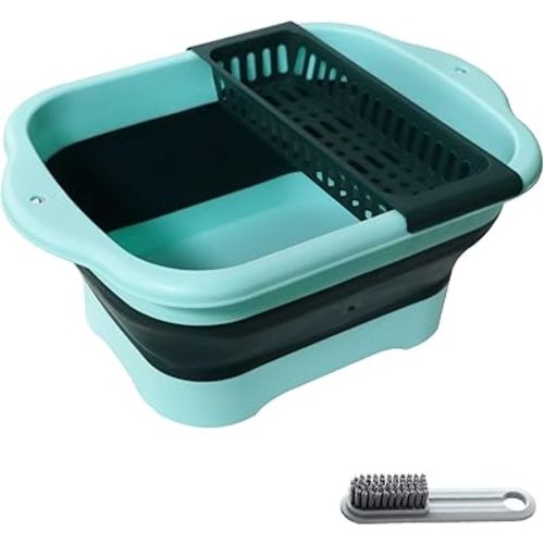 2.77 Gallon (10.5L) Collapsible Dish Basin with Drain Plug, Green Camping Dish Basin for RV, Space-Saving Foldable Wash Tub, BPA-Free Portable Sink for Vegetables and Dishes- with Brush