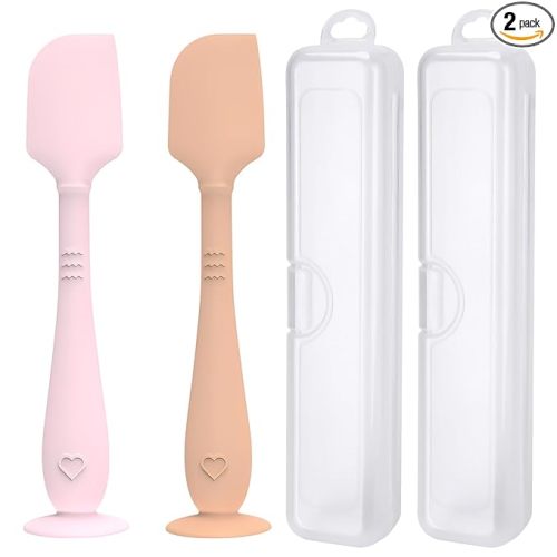 2 Pack Diaper Cream Spatula with Hygienic Travel Case, Butt Spatula Baby with Suction Base, Baby Butt Paste Spatula, Soft Silicone Diaper Rash Cream Applicator Large Size (Pink & Brown)