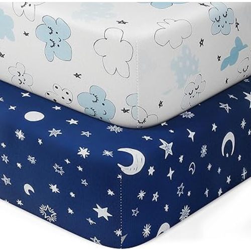 Pack N Play Sheets Fitted, 2-Pack Fit for Standard Pack N Play Mattress, Mini Crib Sheets,Breathable Soft Unisex Playard Sheets (Starry Sky & Clouds)