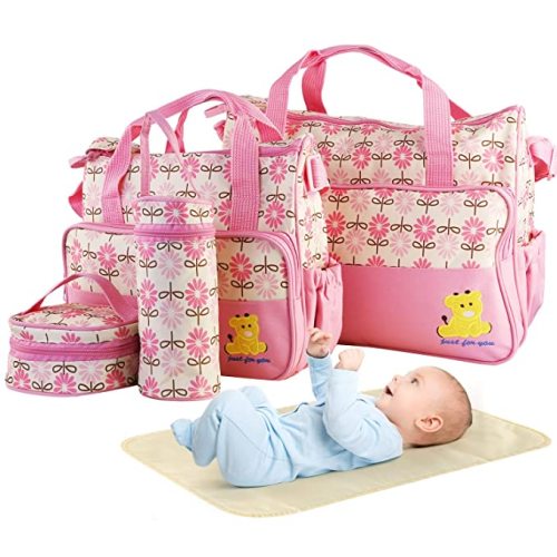 Moclever 5PCS Diaper Bag Tote Set for Baby Essentials – Large Baby Bags for Mom, Waterproof Maternity Bags with Bottle Bag, Food Bag & Changing Pad (Pink)