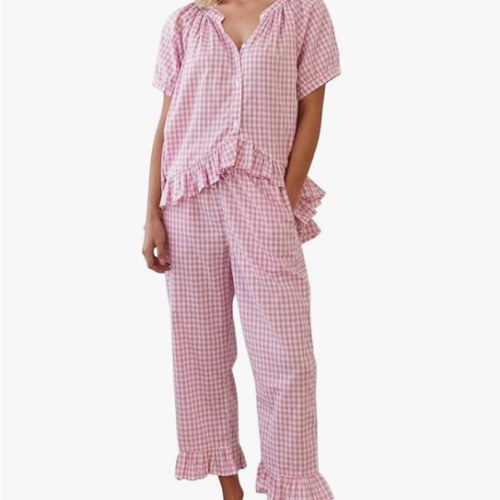 COZYPOIN Womens Gingham Pajama Set 2 Piece Plaid Cotton Pjs Cute Ruffle Sleepwear Maternity Bridesmaid Pajamas Loungewear