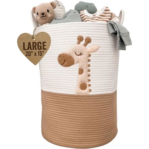 Giraffe Baby Laundry Basket, Tall Woven Rope Nursery Hamper, 20x15 in