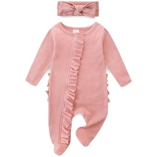 Newborn Baby Girl Ruffle Footie Romper Fall Winter Spring Coming Home Outfit One-piece Knit Jumpsuit with Bow Headband