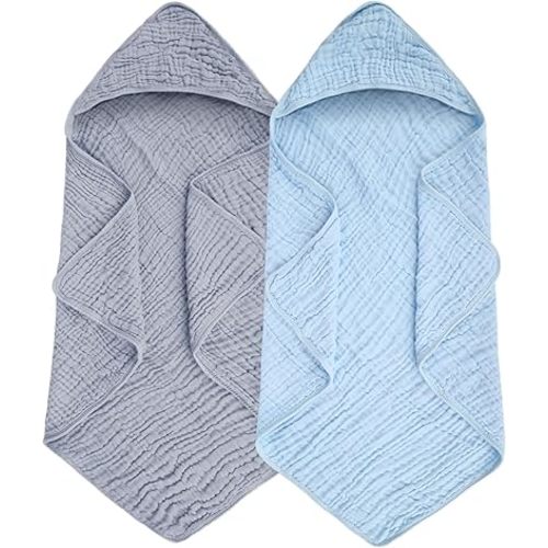 Synrroe Baby Hooded Bath Towel 2 Pack, 100% Muslin Cotton, 32x32 Inch - Matching Trim & Hood, Soft Absorbent Baby Toddler Towel for Newborns & Infants, Blue and Misty