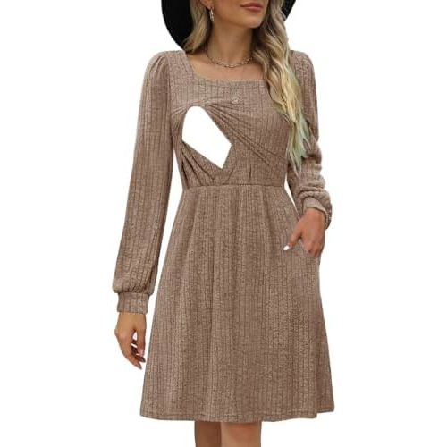 Womens Nursing Fall Dresses Square Neck Long Sleeve Winter Knit Sweater Dress 2024 with Pockets