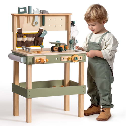 Robud Wooden Pretend Play Tool Bench for Kids – Toddler Construction Workshop Set with Tool Belt, Goggles & Drawing Paper – Creative Learning Toy Gift for Ages 3+, Green