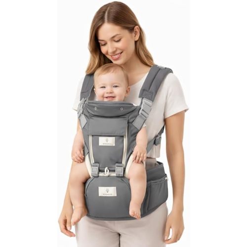 6 in 1 Hip Carrier for Baby - Easy to Wear Ergonomic Front Facing Baby Carrier with Hip Seat for 7–44 lbs - Baby Harness with Back Support, Breathable & Adjustable for Comfortable Travel - Grey