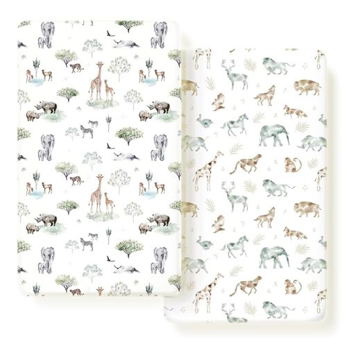 Stretch Ultra Soft Jersey Knit Fitted Crib Sheets Set 2 Pack，Fit All Standard Crib Mattress Pads Safe and Snug, Crib Fitted Sheet for Baby, Stylish African Savannah Animals Pattern