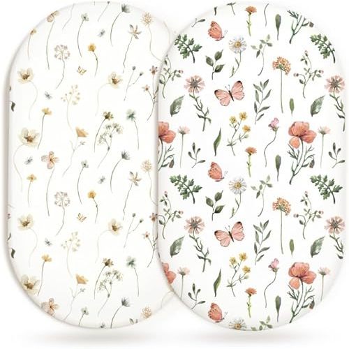Bassinet Sheets for Baby Girls Boys 2 Pack, Fitted Baby Mattress Sheet for Rectangle, Oval, Hourglass Bassinet Mattress, Breathable Cozy & Universal Fit (Butterfly Garden)