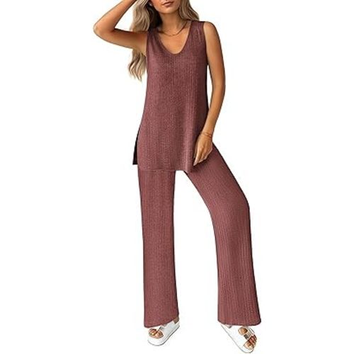 Ekouaer Women's 2 Piece Lounge Set 2025 Summer Matching Sets Sleeveless V-neck Tank Top Long Pants Pajamas Knit Outfits