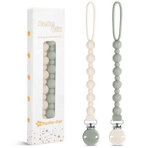 2 Pack Pacifier Clips, One-Piece Silicone Pacifier Clip, 100% Food-Grade Silicone Pacifier Holder (Cream/Sage)