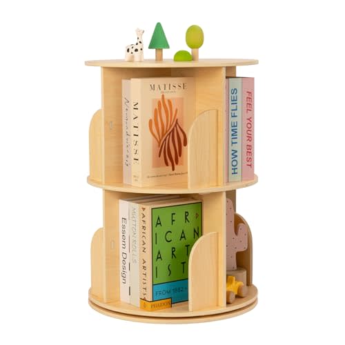 OOOK 2 Tier Rotating Bookshelf, Small Corner Bookshelf Floor Standing Wooden Narrow Bookcase Organizer for Kidsroom, Bedroom, Living Room
