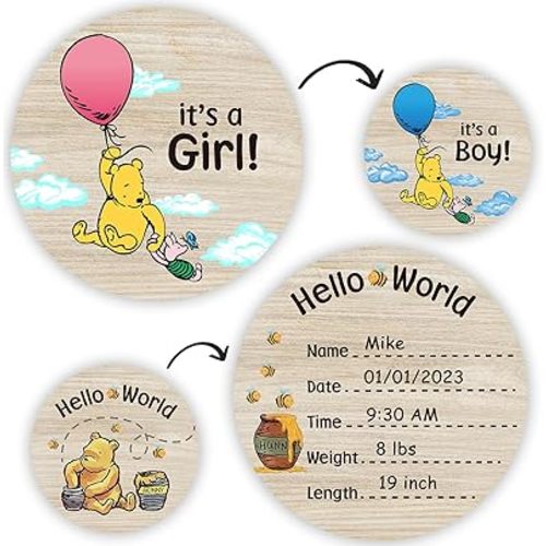 Its a Boy & Its a Girl Baby Birth Announcement Sign, The Winnie Baby Bear Newborn Hello World Baby Name Sign 6inch Double Sided - 2Pcs