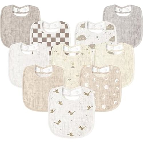 Susurration Muslin Baby Drool Bibs 10Pack Soft Square Adjustable Bandana Bibs for Unisex Baby Girls & Boys