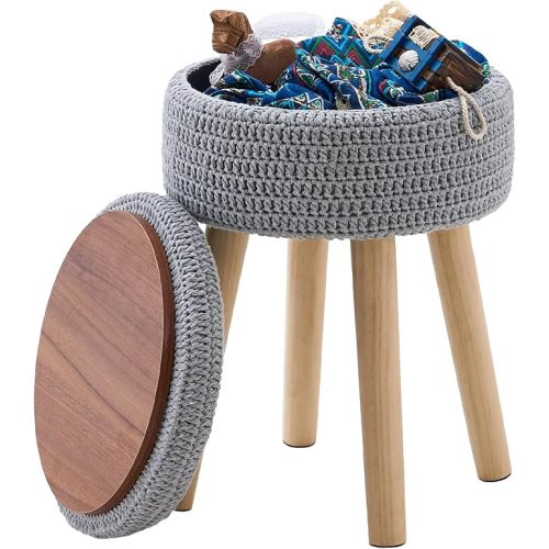 Wimarsbon Pouf Ottoman, 100% Cotton Knitted Boho Footstool, Round Footrest with Non-Skid Wood Legs, Home Décor Handmade Pouffe, Leisure Floor Step Stool for Living Room (Storage Beige)