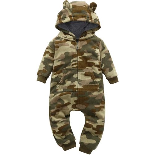 Toddler Baby Boys Girls Camouflage Bodysuit Hooded Pocket Long Sleeve Rompers Fleece Newborn Zipper Jumpsuit