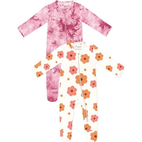 Jimonda Baby Girls Boys Footed Pajamas,Rayon From Bamboo,2 Way Zipper Long Sleeve Soft Sleeper Pjs,Infant Tie-dye Romper - Flower&pink - 3-6 Months