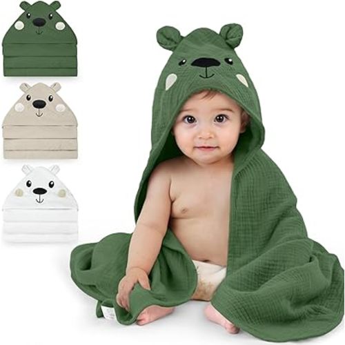 FIOBEE Hooded Baby Towels 100% Muslin Baby Bath Towels for Newborn with Animal Design Ultra-Soft and Absorbent Bath Essentials for Toddler, Unisex Girls Boys 30 x 30 inch, Green Bear