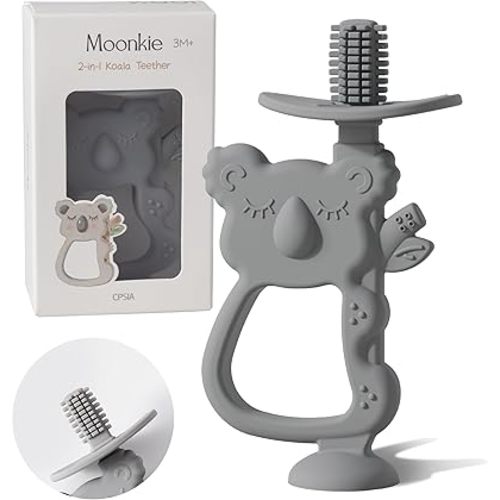 Moonkie Teething Toy, Safe & Easy to Hold BPA Free Silicone Teethers, 360° Baby Toothbrush with Suction Base, Teether Toys Best for Babies 6-12 Months (Koala Lunar Grey)