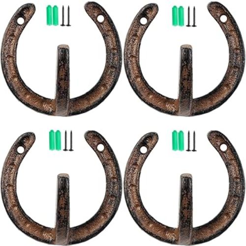 TIHOOD 4PCS Coat Hooks Vintage Wall Hanger Cast Iron Horseshoe Hooks Heavy Duty Clothes Hanger for Hanging Coat Hat Key Towel