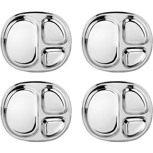 Ahimsa Stainless Steel Kids Divided Plates, Classic Stainless, 4 Plates