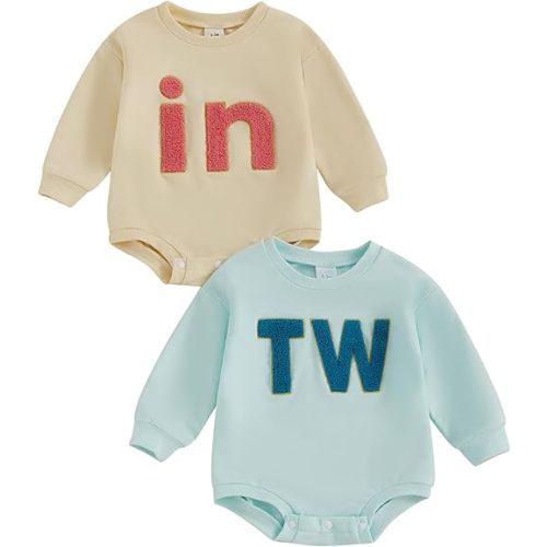 GOOCHEER Newborn Twins Matching Outfits Baby Girl Boy Twin Bubble Romper Bodysuit Oversized Sweatshirt Fall Winter Clothes