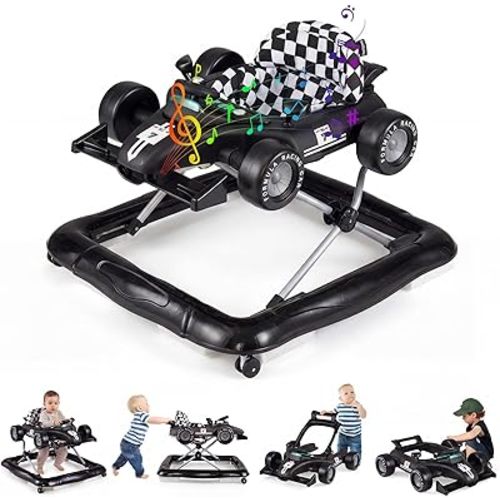 BABY JOY 4-in-1 Baby Walker, Foldable Activity Walker with Push Mode, Adjustable Height, Lights, Anti-Rollover, Baby Walker with Wheels for Boys Girls 6-18 Months (Black)