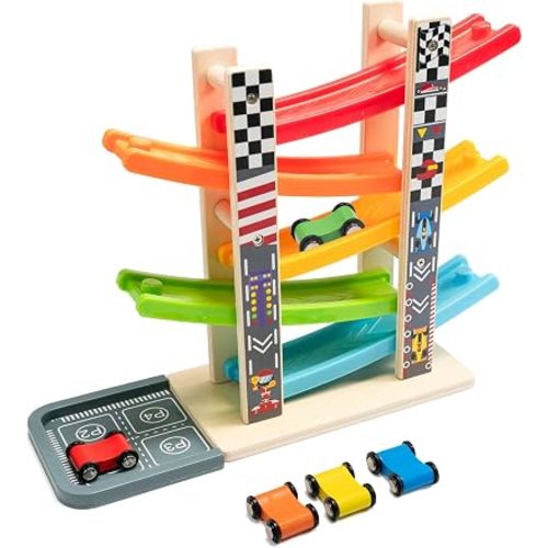 Wooden Car Ramp Racer – 5-Tier Race Track with 5 Mini Cars Montessori Toddler Toys Gravity-Powered Vehicle Set Birthday Gift for Boys and Girls