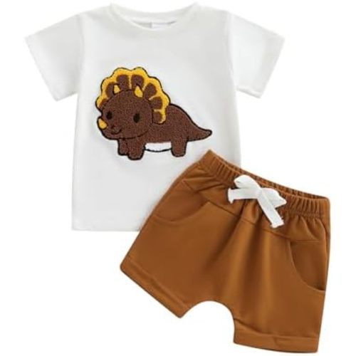 fhutpw Toddler Baby Boy Summer Clothes Embroidery T-Shirt Casual Shorts Sets Infant Truck Excavator Dinosaur Pattern Outfits