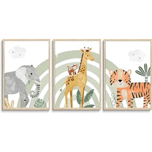 3Pcs Safari Animals Canvas Wall Art elephant tiger giraffe Posters Prints Bohemian Rainbow elements Paintings Pictures wall decor for Nursery Baby Bedroom Decorations Unframed