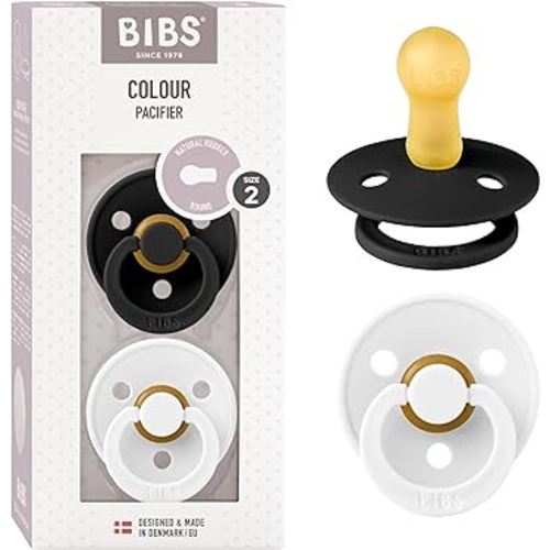 BIBS Pacifiers Colour Collection | Natural Rubber Baby Pacifier | Set of 2 BPA-Free Soothers | Made in Denmark | 6+ Months (Pack of 2) | Black/White