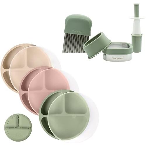 WeeSprout Complete Baby Feeding Bundle - Professional Food Prep Tools & Divided Suction Plates With Lids (3-Pack) - Crinkle, Grape & Sandwich Cutters - Development Specialist-Designed for Mealtime