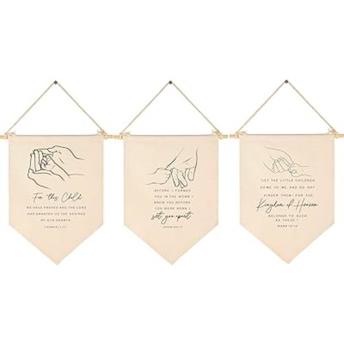 Scripture Flag Sign Gift for Baby Newborn Boys Girls Kids-Christian Bible Verses Canvas Hanging Banner Pennant Wall Decor Gift for Nursery Baby Room Playroom -for This Child-Set of 3