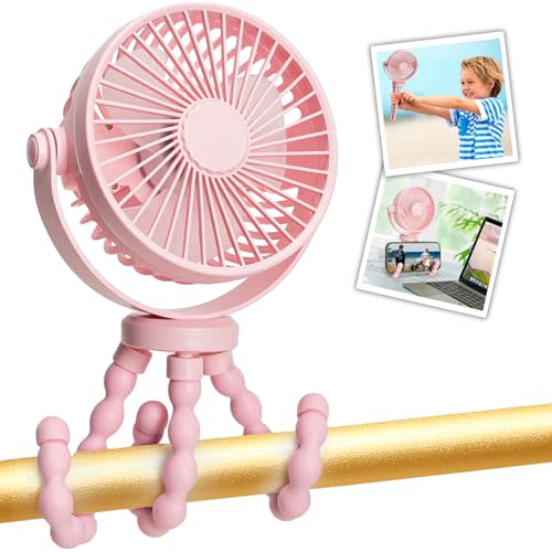 snawowo Mini Handheld Personal Portable Fan, Baby Stroller Fan, Car Seat USB or Battery Powered, with Flexible Tripod Clip on Student Bed Desk Bike Crib Treadmill Camping Traveling(Pink)