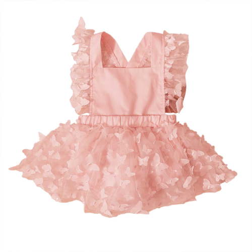 WERYOUNG Girls Bodysuits Summer Mesh Fly Sleeve Cartoon Butterfly Appliques Dress Bodysuits Girls Stylish Party Photoshoots Onesie,Pink,3-6 Months