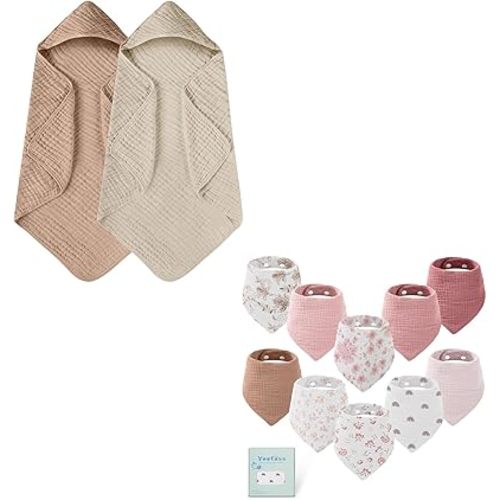 Yoofoss Hooded Baby Towels for Newborn 2 Pack 100% Muslin Cotton & Muslin Baby Bibs 10 Pack Bandana Bibs 100% Cotton