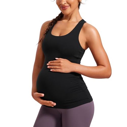 CRZ YOGA Butterluxe Womens Racerback Maternity Tank Tops Ruched Sleeveless Pregnancy Yoga Tee with Built in Bra Workout Shirt