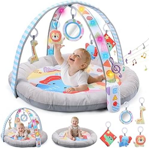 CUTE STONE Baby Play Gym & Tummy Time Mat with Lights, Sounds, Detachable Toys, Adjustable Volume Activity Gym Baby Mat for Infant Sensory & Motor Development, Newborn Baby Gift