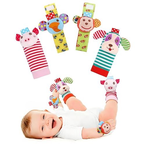 SSK Soft Baby Wrist Rattle Foot Finder Socks Set,Cotton and Plush Stuffed Infant Toys,Birthday Holiday Birth Present for Newborn Boy Girl 0/3/4/6/7/8/9/12/18 Months Kids Toddler,4 Cute Animals