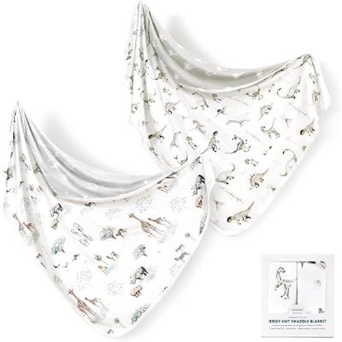 GRSSDER Baby Blankets Super Soft Stretchy Jersey Swaddle Blanket 2 Pack for Girls and Boys, Double Layer Reversible Receiving Blankets 34 x 44, Extra Large for Swaddling, Dinosaurs