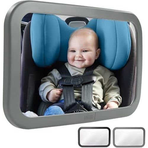 GORILLA GRIP Wide View Baby Car Mirror, 360° Rear Facing Seat Rotation Shatterproof Mirrors, Crystal Clear, Child and Infant Backseat Safety, Secure Straps Stay in Place, Travel Gear for Babies, Gray