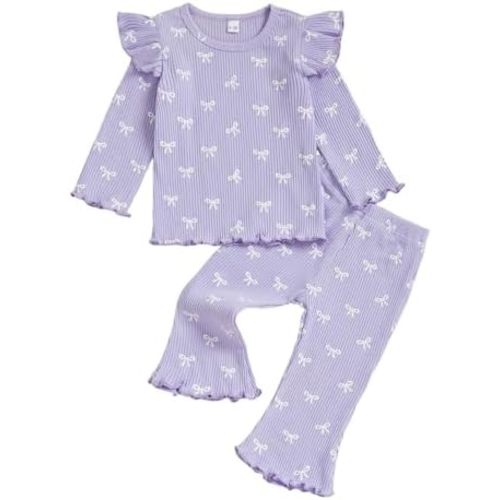 FOCUSNORM Toddler Baby Girl Outfits Ruffle Long Sleeve Striped Trim Tops + Flare Pants Set Toddler 2Pcs Fall Winter Clothes