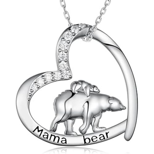 Mama Bear Necklace for Women 925 Sterling Silver Mama Bear Pendant Heart Mama Bear Jewelry for Women Mom Mama Gifts