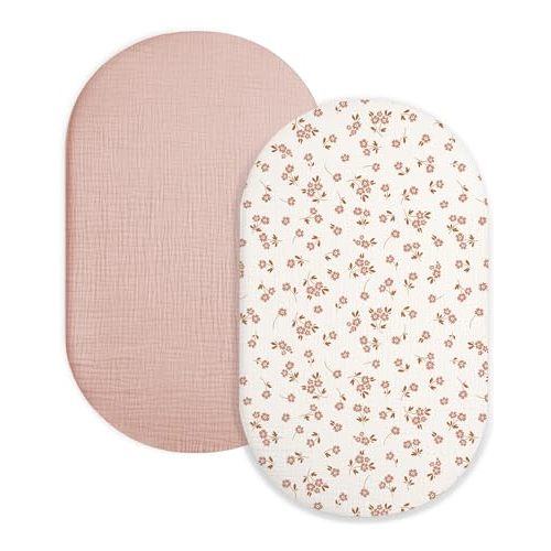 Bassinet Sheet for Baby Boy and Girl 2 Pack, Fitted Sheets for Rectangle, Oval, Hourglass Bassinet Mattress, Muslin Moses Basket Sheets with Neutral Style (Floral & Pink)