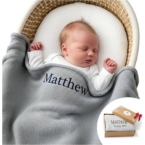 Personalized Baby Blanket - Custom Baby Blanket for Boys and Girls - Embroidered Swaddle 100% GOTS Certified Organic Cotton, 40x30, Baby Name Blankets (Harbor Mist)
