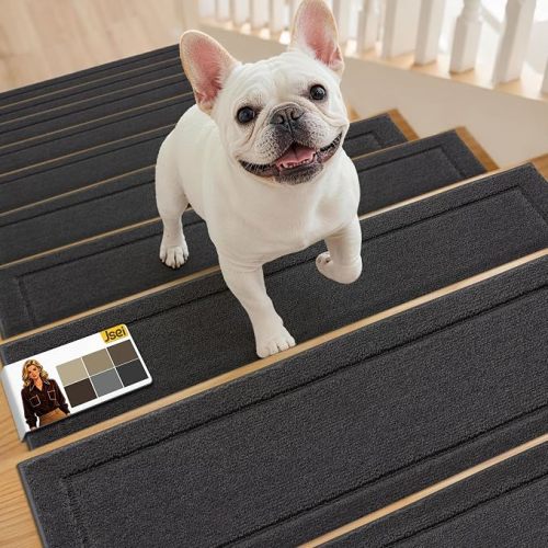 JSEI Stair Treads for Wooden Steps Indoor, 15-Pack, 30" x 8", Brown | Non Slip Stair Treads, Washable Polyester Stair Mats with TPE Backing, Low Profile Stair Rugs for Kids, Seniors and Dogs