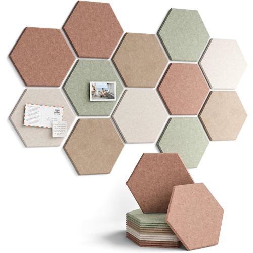 Fluxynara Hexagon Cork Board Alternative for Walls Decor-12-Pack Felt Bulletin Board Tiles,with 30 Pushpins,70 Adhesive Tabs for Office,Classrooms & Home Pin Board Felt Board-Linen Dusk